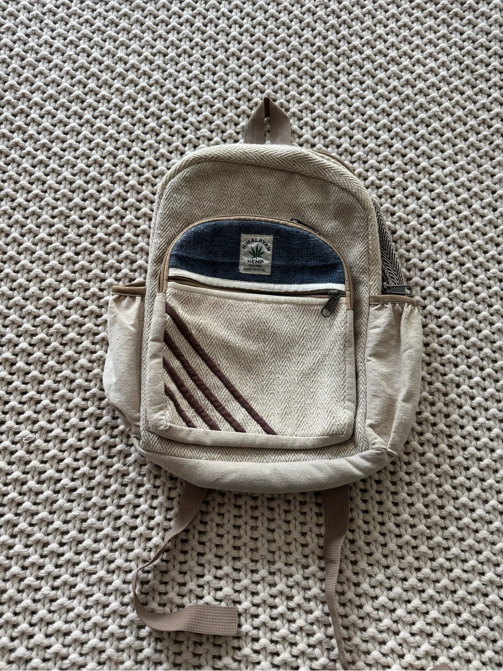 Natural Beige Hemp Backpack with Denim Accent